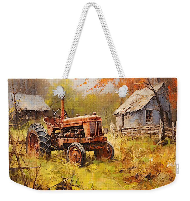 Red Tractor Weekender Tote Bag featuring the painting Splendor of the Past - Red Tractor Art by Lourry Legarde