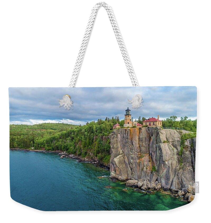 Split Rock Lighthouse Weekender Tote Bag featuring the photograph Split Rock Lighthouse Aerial by Sebastian Musial