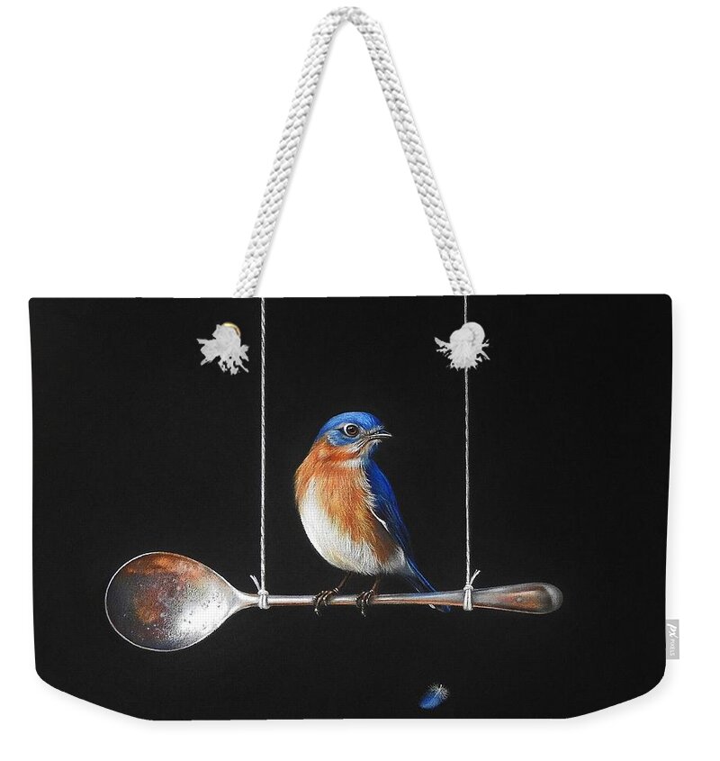 Bluebird Weekender Tote Bag featuring the mixed media Spoon perch by Elena Kolotusha