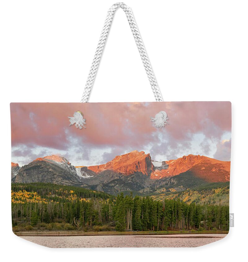 Panorama Weekender Tote Bag featuring the photograph Sprague Lake Autumn Sunrise Panorama by Aaron Spong