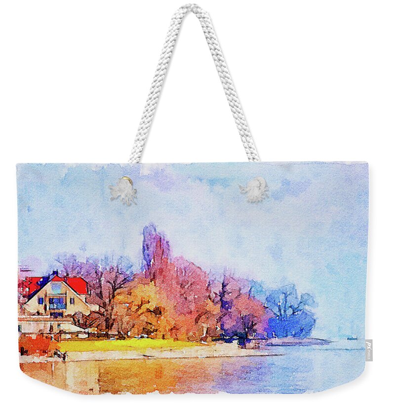 Spring Weekender Tote Bag featuring the mixed media Spring beginning on Lake Constance by Tatiana Travelways
