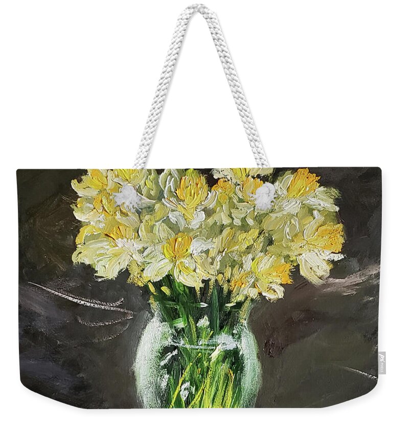 Still Life Weekender Tote Bag featuring the painting Spring Daffodils by Stanton Allaben