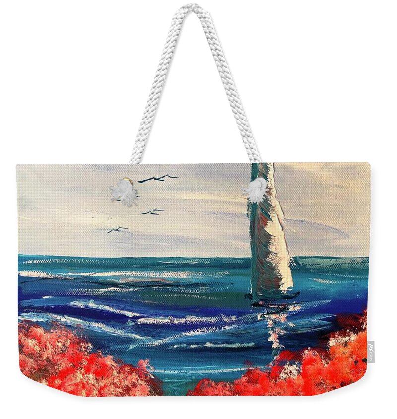 Beach Weekender Tote Bag featuring the painting Spring Sailing by Airlie Gardens in Wilmington, North Carolina by Catherine Ludwig Donleycott