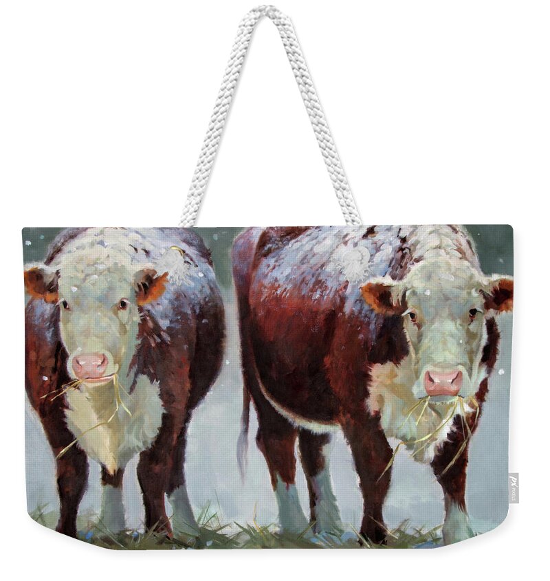 Ranch Animals Weekender Tote Bag featuring the painting Spring Snow by Carolyne Hawley