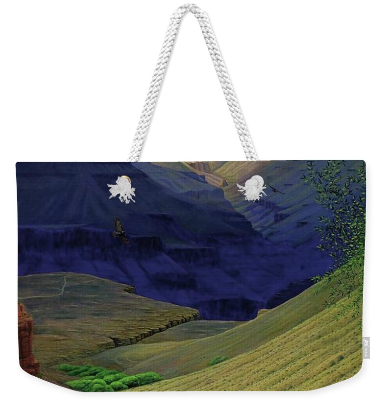 Kim Mcclinton Weekender Tote Bag featuring the painting Spring Storm On Bright Angel Trail by Kim McClinton