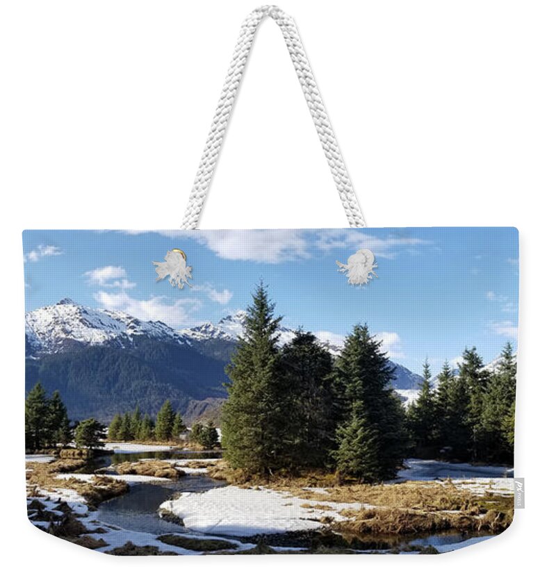 #alaska #ak #juneau #cruise #tours #vacation #peaceful #sealaska #southeastalaska #calm #mendenhallglacier #glacier #capitalcity #dredgelakes #forrest #stream #hike #hiking #snow #cold #clouds #spring #mtmcginnis #panorama #sprucewoodstudios Weekender Tote Bag featuring the photograph Springtime Glacier Obscured by Charles Vice