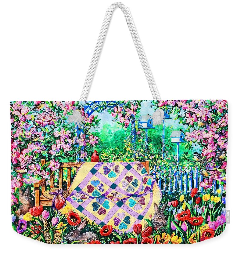 Garden Bench Weekender Tote Bag featuring the painting Springtime Hearts and Flowers by Diane Phalen