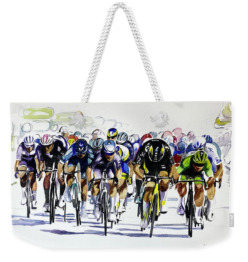 🚴🎨 #bikeart #tdf #tourdefrance #originalwatercolour #tdf2021 #sbstdf #couchpeloton #letour #tourart #artforsale #stage21 #sprintfinish #cavendish Weekender Tote Bag featuring the painting Sprint finish on the Champs Elysee by Shirley Peters
