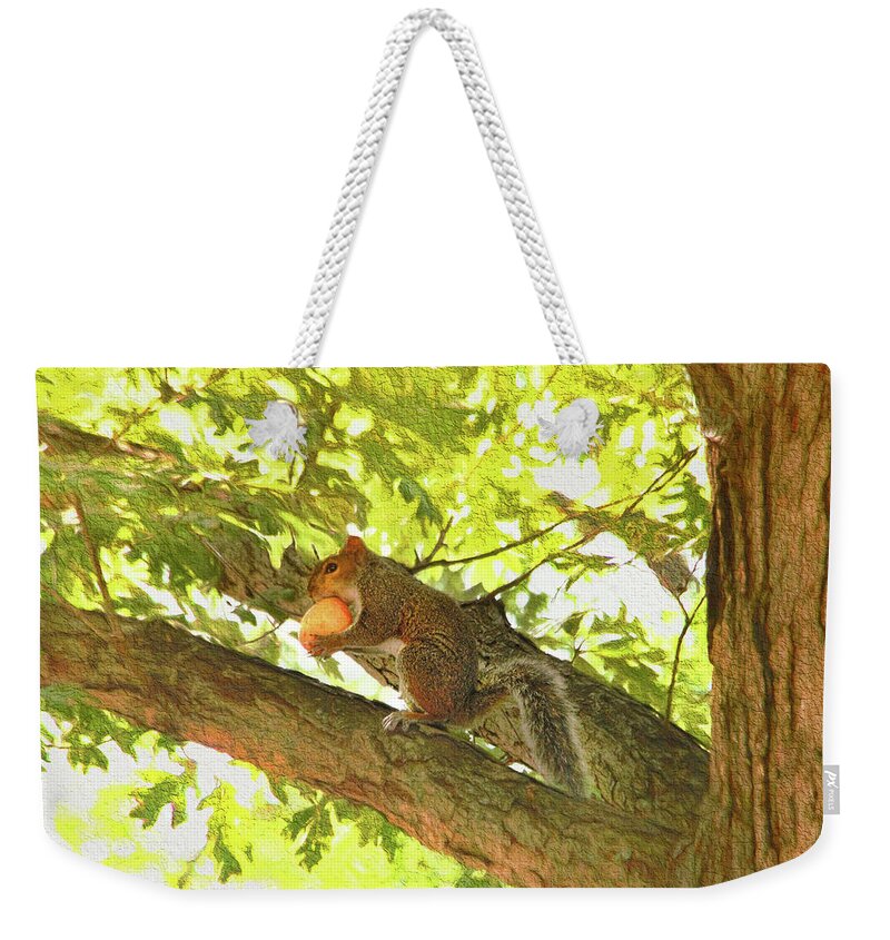 Squirrel Weekender Tote Bag featuring the photograph Squirrel With Peach by Ola Allen