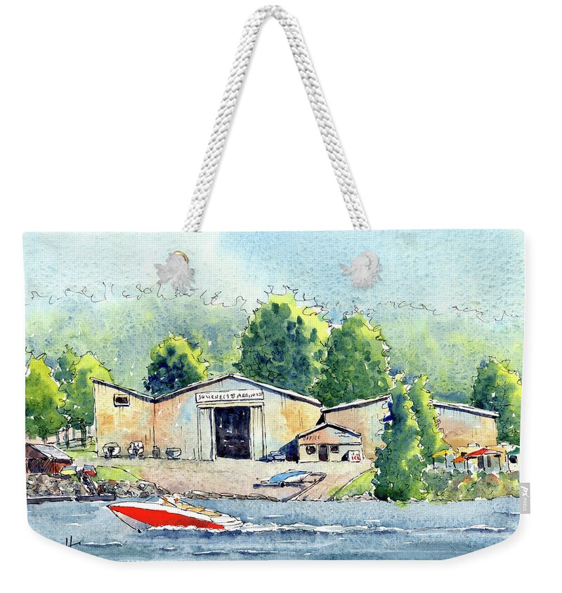 Watercolor Weekender Tote Bag featuring the painting Squirrel's Marina by Scott Brown