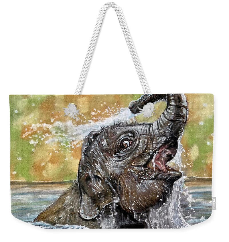Elephant Weekender Tote Bag featuring the painting Squirt Gun by Mark Ray