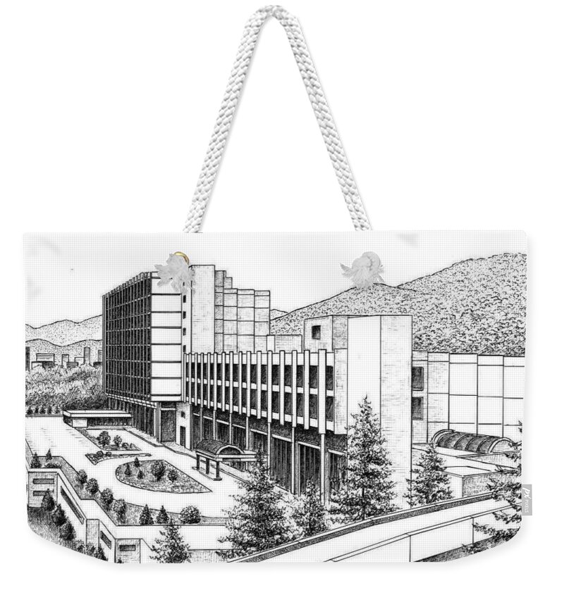Memorial Mission Hospital Weekender Tote Bag featuring the drawing St. Joseph Campus of Memorial Mission Hospital by Lee Pantas