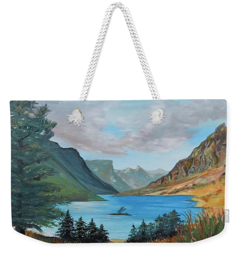 Saint Mary Lake Weekender Tote Bag featuring the painting St Mary Lake, Montana by Monika Shepherdson