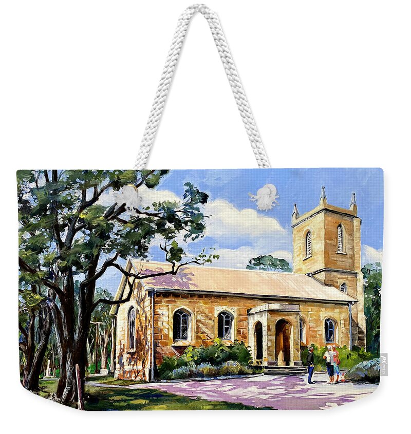Sandstone Weekender Tote Bag featuring the painting St Thomas Church at Mulgoa by Shirley Peters