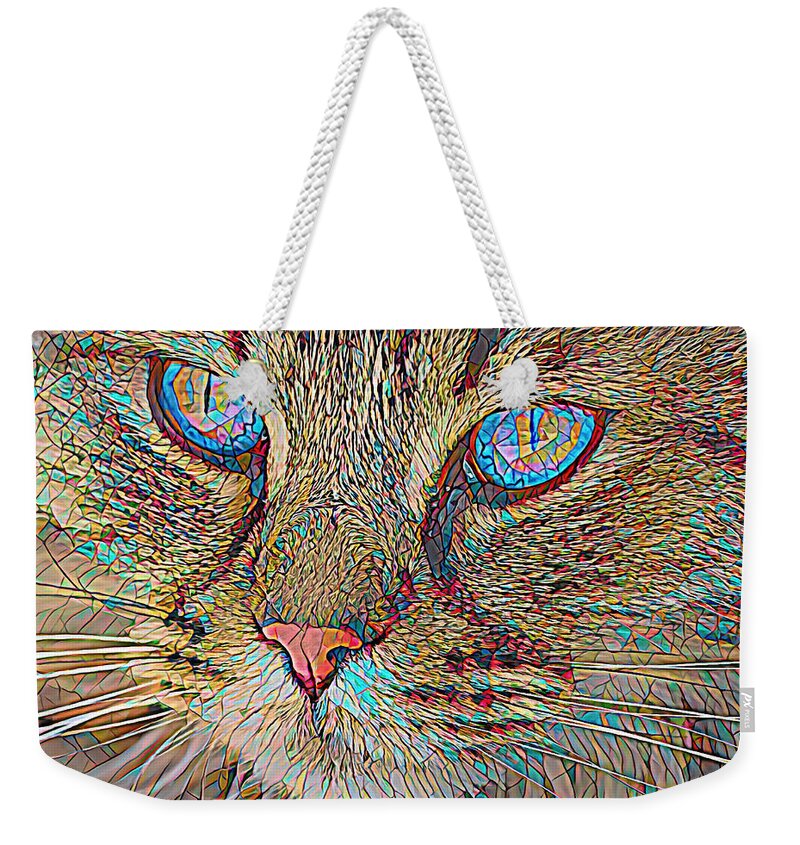 Cat Weekender Tote Bag featuring the digital art Stained Glass Cat by Deborah League
