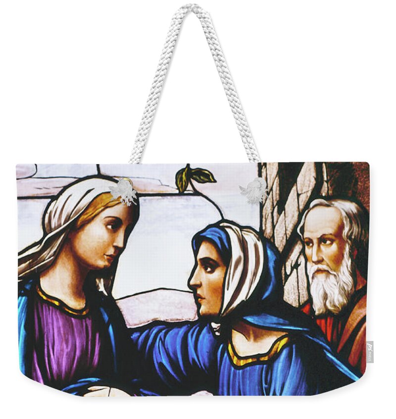 Stained Glass Weekender Tote Bag featuring the photograph stained glass prints - The Visitation by Sharon Hudson