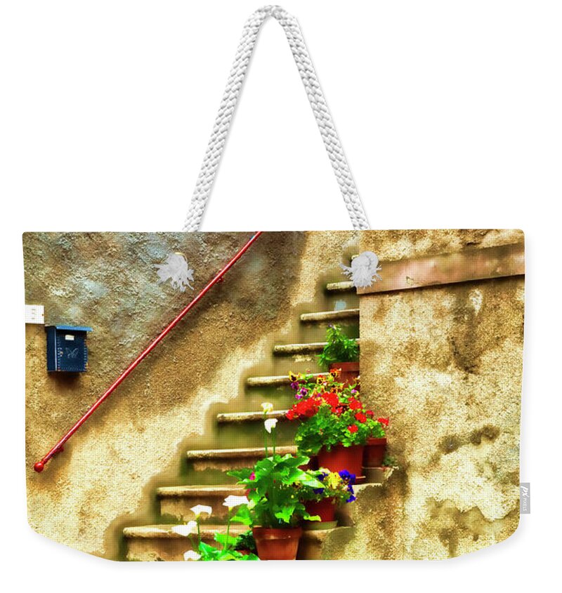 Stairs;flower Pots; Tuscany Red; Old Walls Weekender Tote Bag featuring the photograph Stairs to Heaven by Eggers Photography