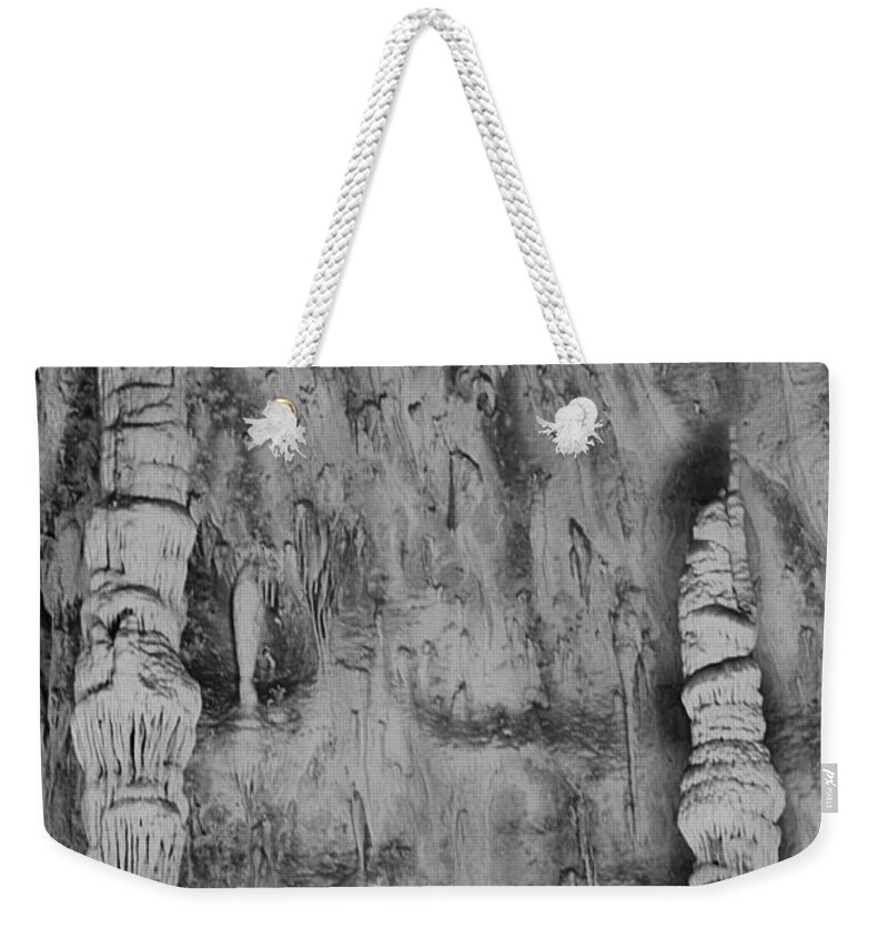Carlsbad Weekender Tote Bag featuring the photograph Stalactites At Carlsbad Caverns Portrait Black And White by Adam Jewell