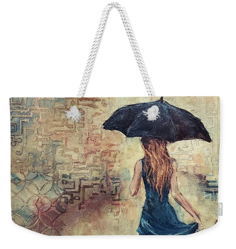 Rain Weekender Tote Bag featuring the mixed media Standing in the Rain by Zan Savage