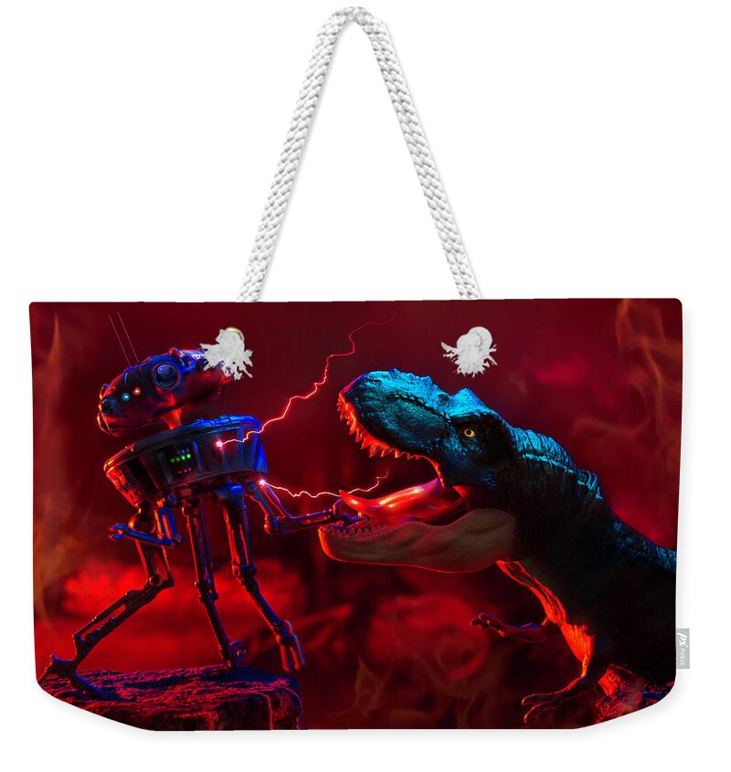 Star Wars Weekender Tote Bag featuring the photograph Star Wars Robot vs T-Rex by Ali Nasser