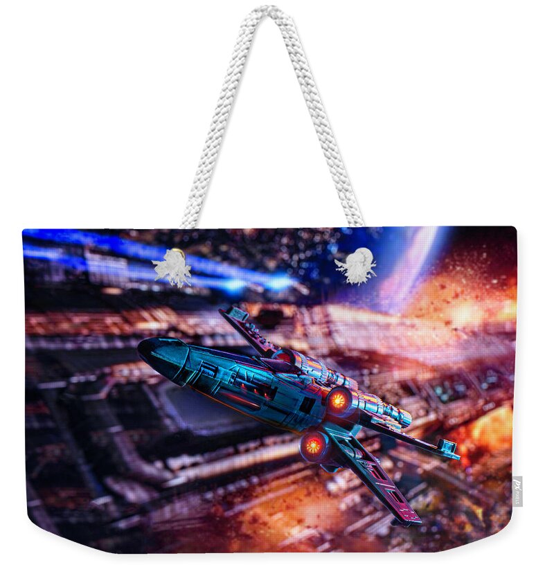 Star Wars Weekender Tote Bag featuring the photograph Star Wars X-Wing Explosion by Ali Nasser