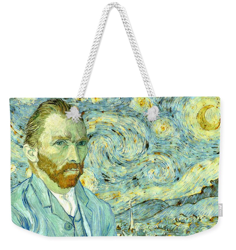 Van Gogh Weekender Tote Bag featuring the digital art Starry Night in the colors of Van Gogh self-portrait - digital recreation by Nicko Prints