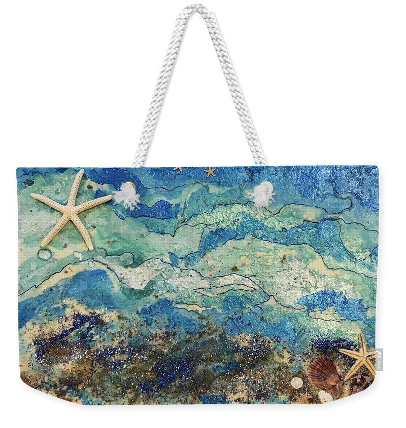 Seascape Weekender Tote Bag featuring the painting Starry Starfish Night by Elaine Elliott