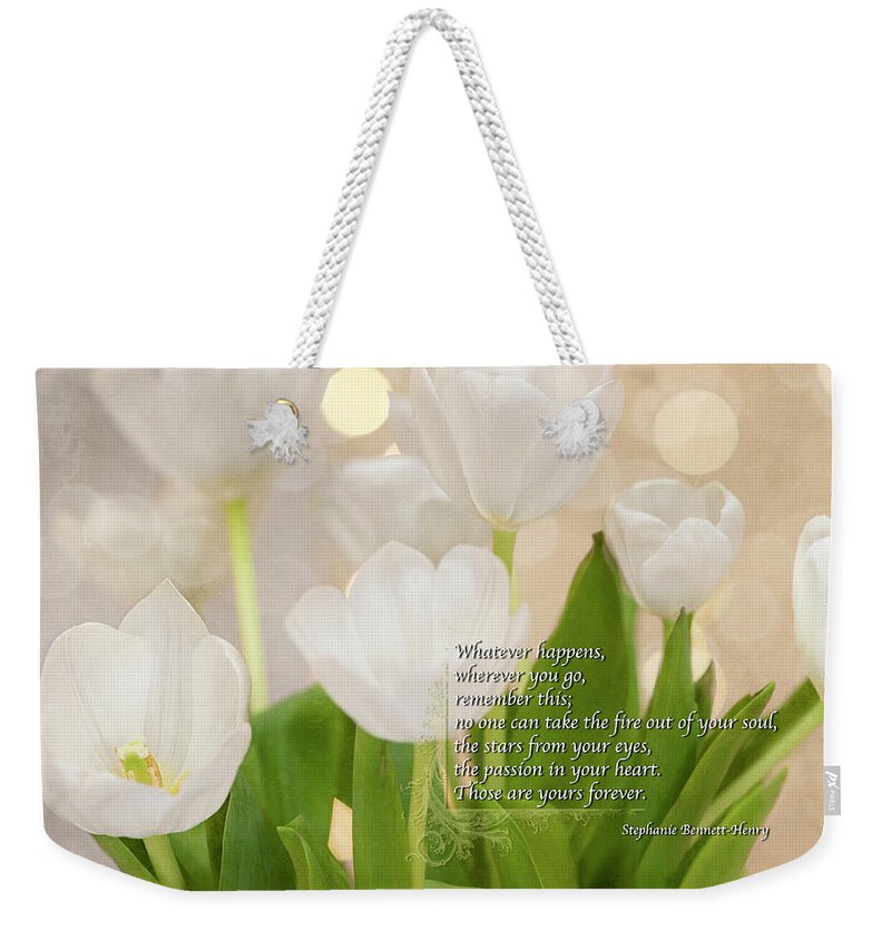White Flowers Weekender Tote Bag featuring the photograph Stars In Your Eyes Quote by Jill Love