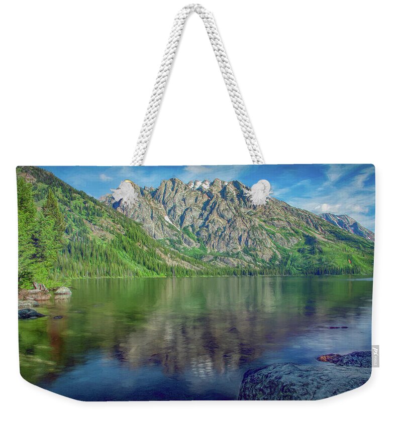 Wyoming Weekender Tote Bag featuring the photograph Starting the Day at Jenny Lake by Marcy Wielfaert