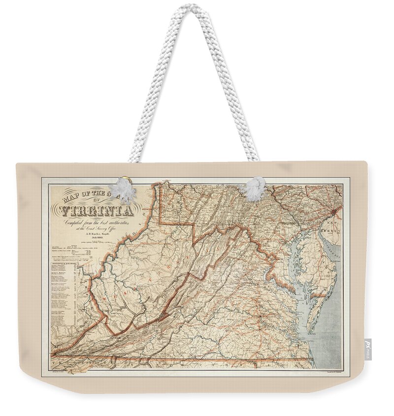 Virginia Weekender Tote Bag featuring the photograph State of Virginia Vintage Map 1863 by Carol Japp