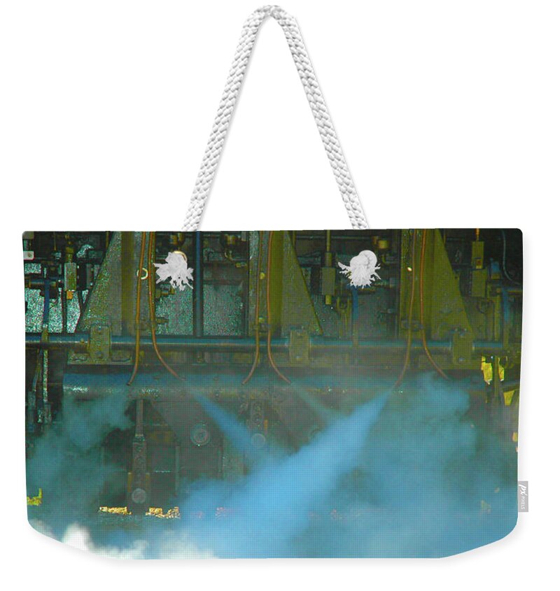 Train Weekender Tote Bag featuring the digital art RAILROAD MACHINERY - Shay Locomotive Blowing Off Steam by John and Sheri Cockrell