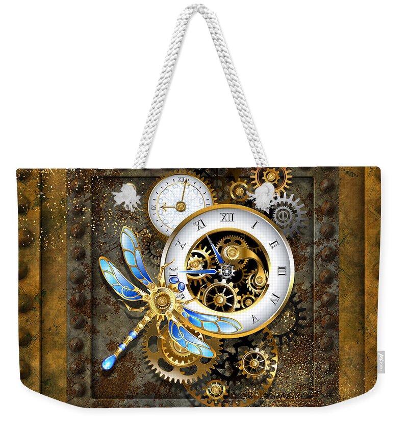 Wallart Weekender Tote Bag featuring the digital art Steampunk Dragonfly Clock by Tina Mitchell