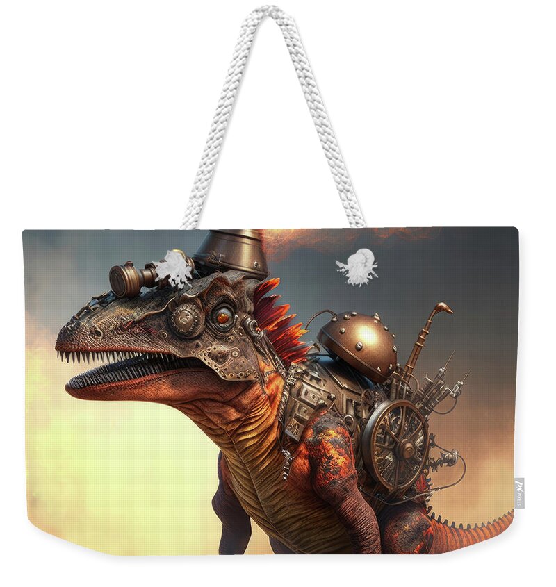 Generative Weekender Tote Bag featuring the photograph Steampunk stegosaur dinosaur with erupting volcano, generative Ai #aYearForArt by Steve Estvanik