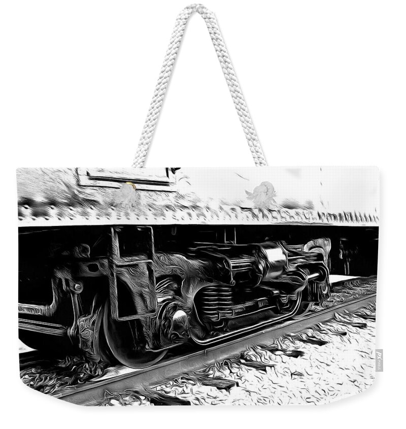 Train Weekender Tote Bag featuring the mixed media Steel Wheels by Christopher Reed