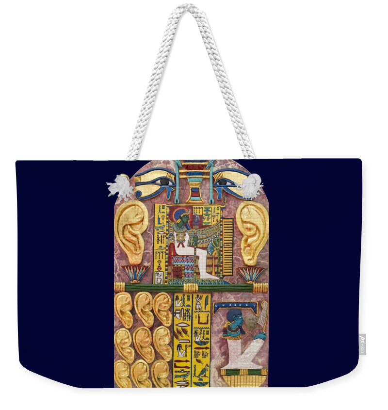 Stela Weekender Tote Bag featuring the mixed media Stela of Ptah Who Hears Prayers by Ptahmassu Nofra-Uaa