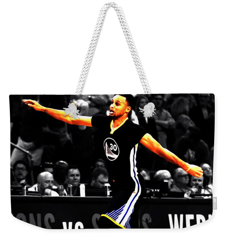 Stephen Curry Weekender Tote Bag featuring the mixed media Stephen Curry Another 3 by Brian Reaves