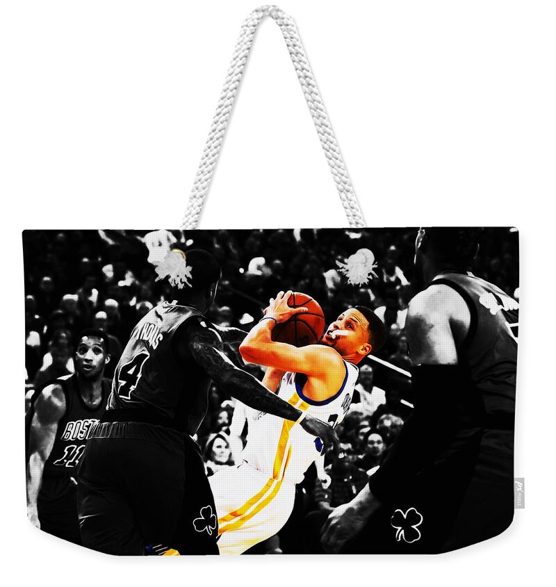 Stephen Curry Weekender Tote Bag featuring the mixed media Stephen Curry Stay Focused by Brian Reaves