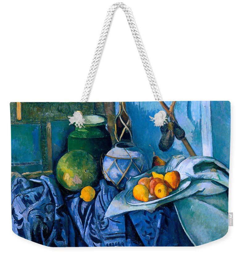Cezanne Weekender Tote Bag featuring the painting Still Life with a Ginger Jar and Eggplants 1893 by Paul Cezanne