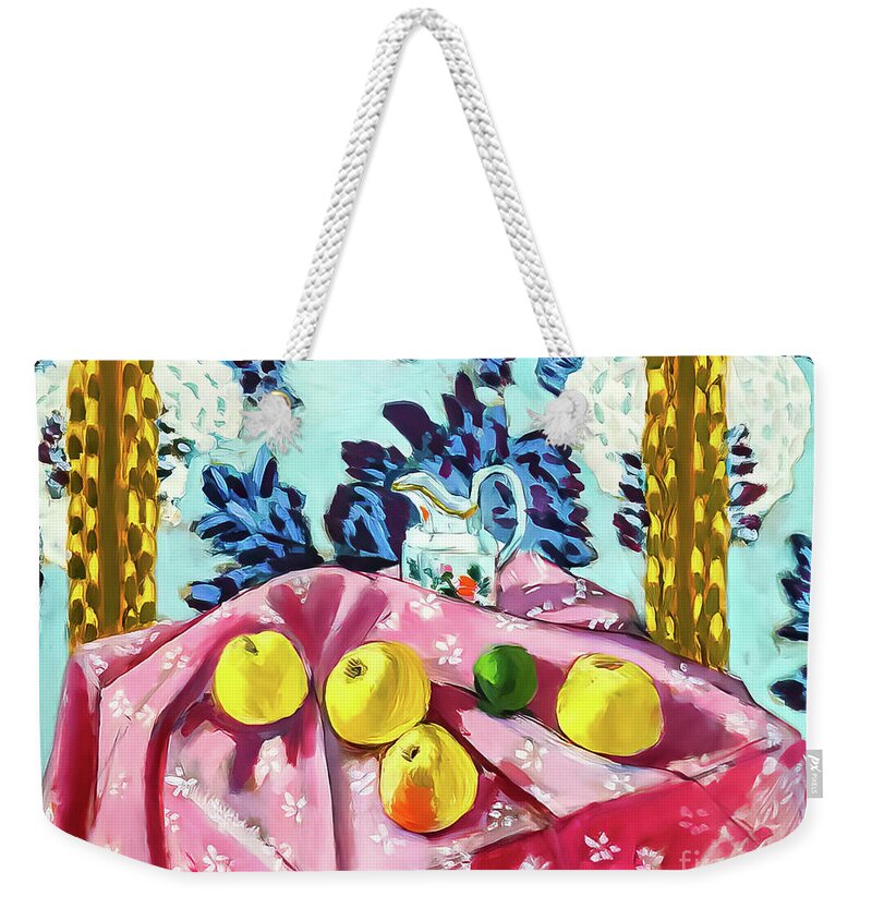 Apples Weekender Tote Bag featuring the painting Still Life With Apples on a Pink Tablecloth by Henri Matisse 1924 by Henri Matisse
