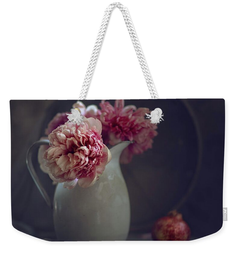 Peony Weekender Tote Bag featuring the photograph Still Life with Peony Flowers by Nailia Schwarz