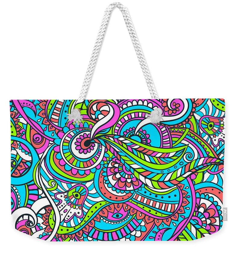 Colorful Weekender Tote Bag featuring the digital art Stinavka - Bright Colorful Zentangle Pattern by Sambel Pedes