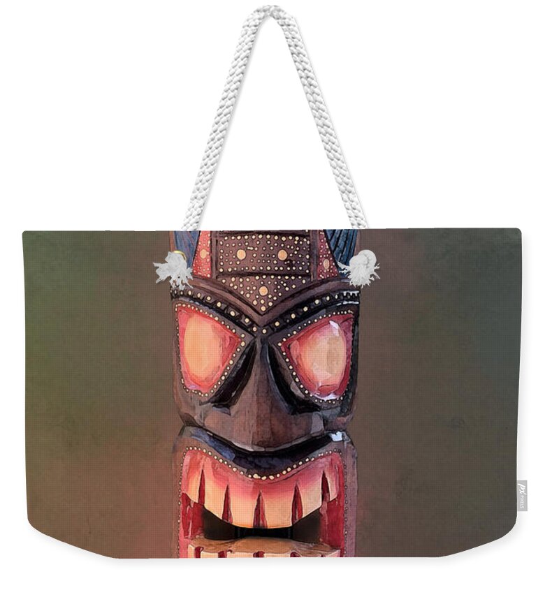 Tiki Weekender Tote Bag featuring the photograph Stipple Tiki Mask - Green by Anthony Jones