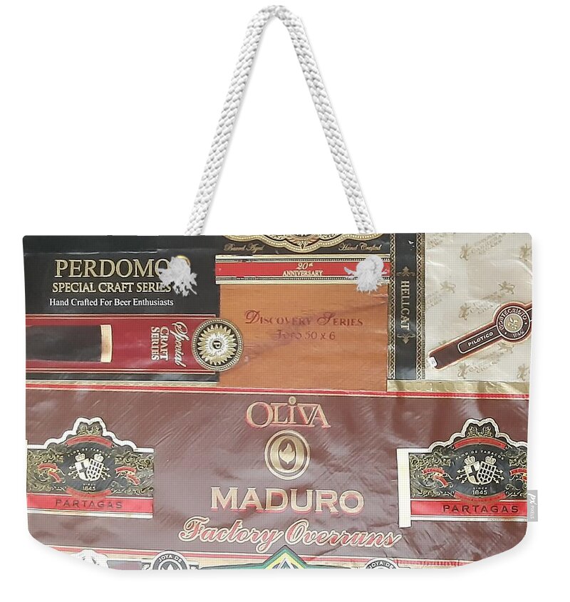 Stogie Weekender Tote Bag featuring the mixed media Stogie Sampler by Nancy Graham