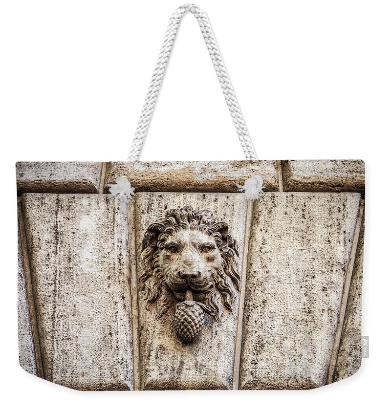 Rome Weekender Tote Bag featuring the photograph Stone lion head in Rome, Italy by Fabiano Di Paolo