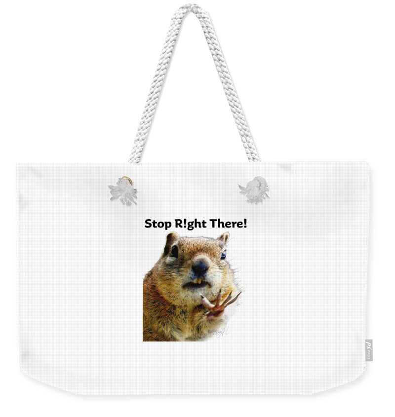 Talk To The Hand Weekender Tote Bag featuring the photograph Stop Right There - Chipmunk Body Language with Typography by OLena Art by Lena Owens - Vibrant DESIGN