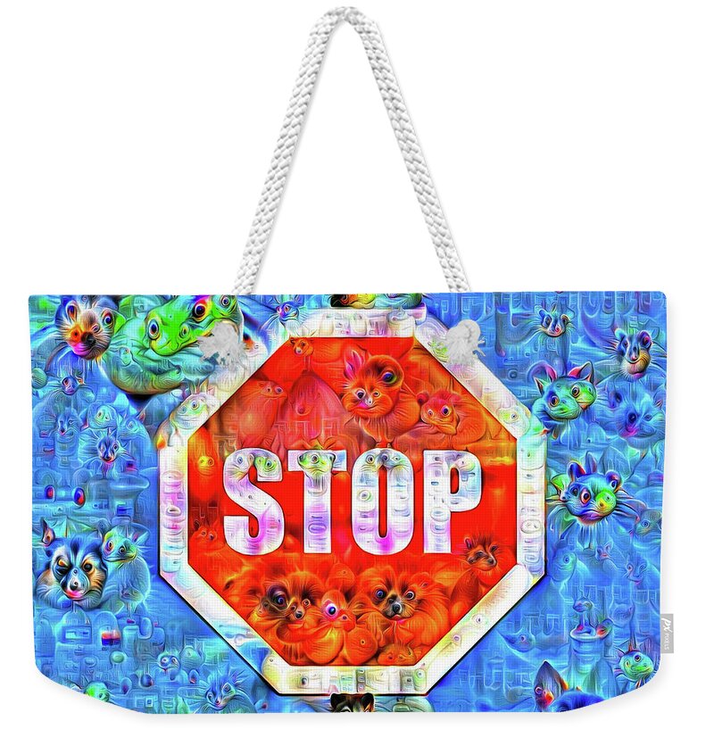 Stop Weekender Tote Bag featuring the digital art Stop Sign Surreal Deep Dream Image by Matthias Hauser