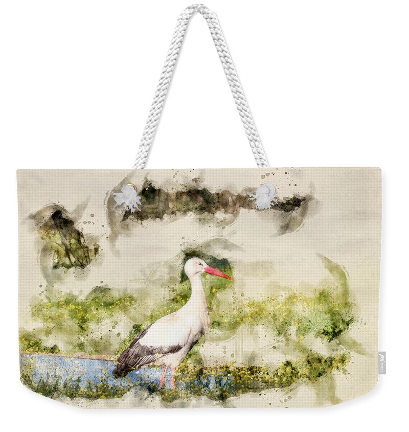 White Stork Weekender Tote Bag featuring the digital art Stork in Pond Watercolor by Luis GA - Lugamor