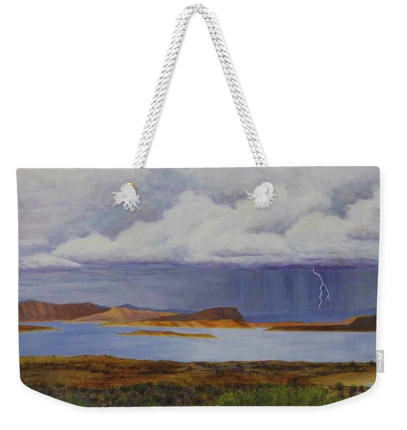 Kim Mcclinton Weekender Tote Bag featuring the painting Storm at Lake Powell- center panel of three by Kim McClinton