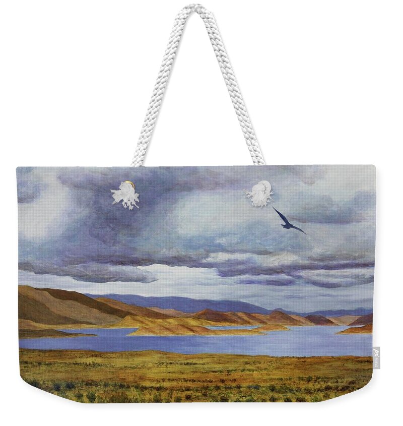 Kim Mcclinton Weekender Tote Bag featuring the painting Storm at Lake Powell- left panel of three by Kim McClinton