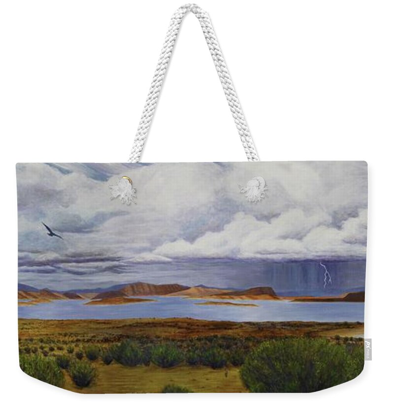 Kim Mcclinton Weekender Tote Bag featuring the painting Storm at Lake Powell- panorama by Kim McClinton